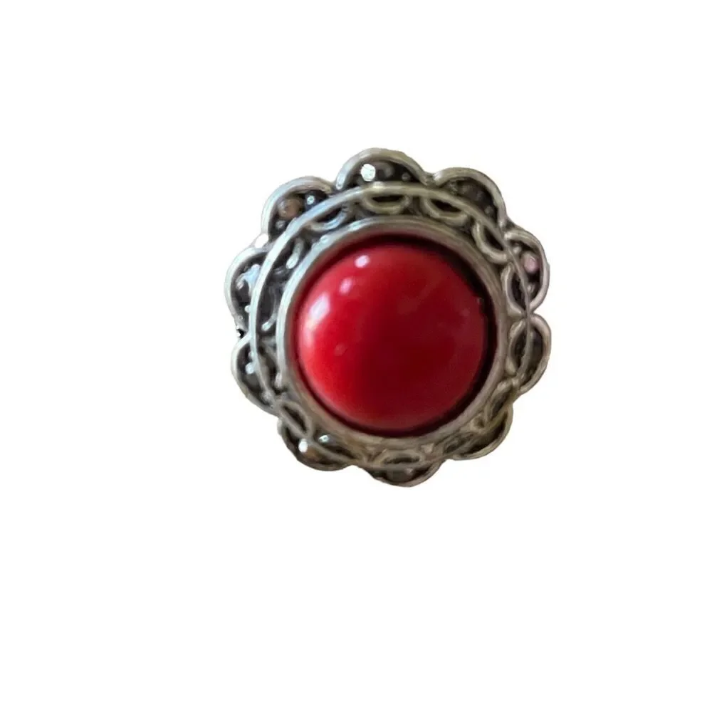NWT silver tone marcasite like stones with red round center stone ring US size 8
